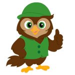 Cartoon owl wearing a green hat and vest, standing upright and giving a thumbs-up gesture — Trees Hurt Too, Inc.