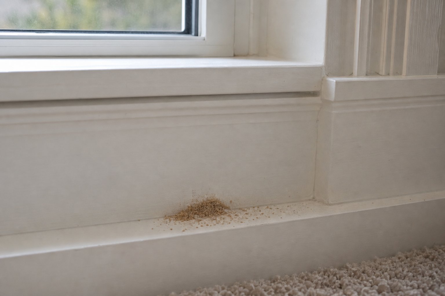 Small pile of fine sawdust-like frass on a white interior baseboard below a window sill, soft natural window light, tidy suburban home interior