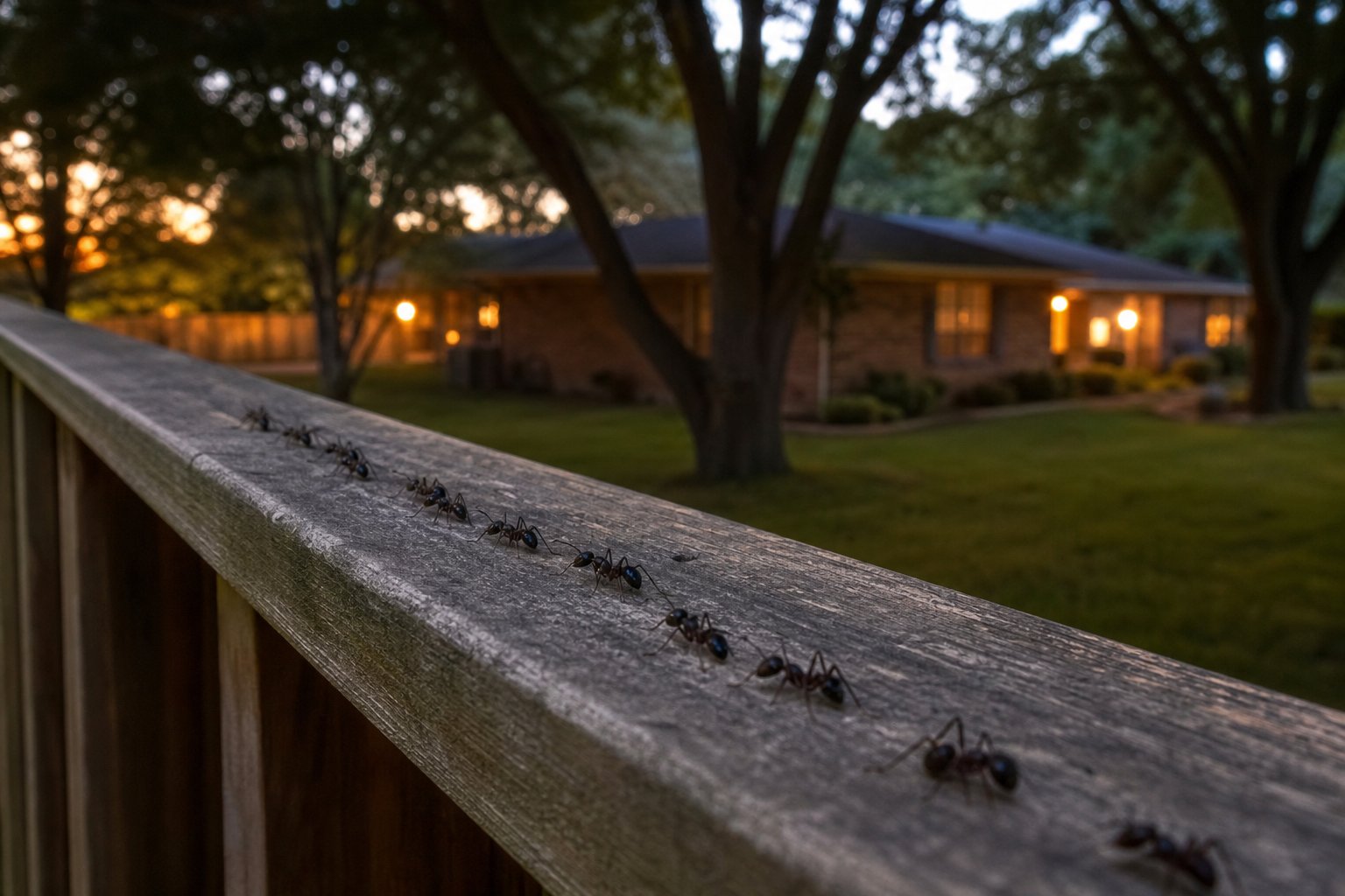 Trail of large black ants moving along a wooden deck railing at dusk, brick ranch home and shade trees softly blurred in background, warm low light