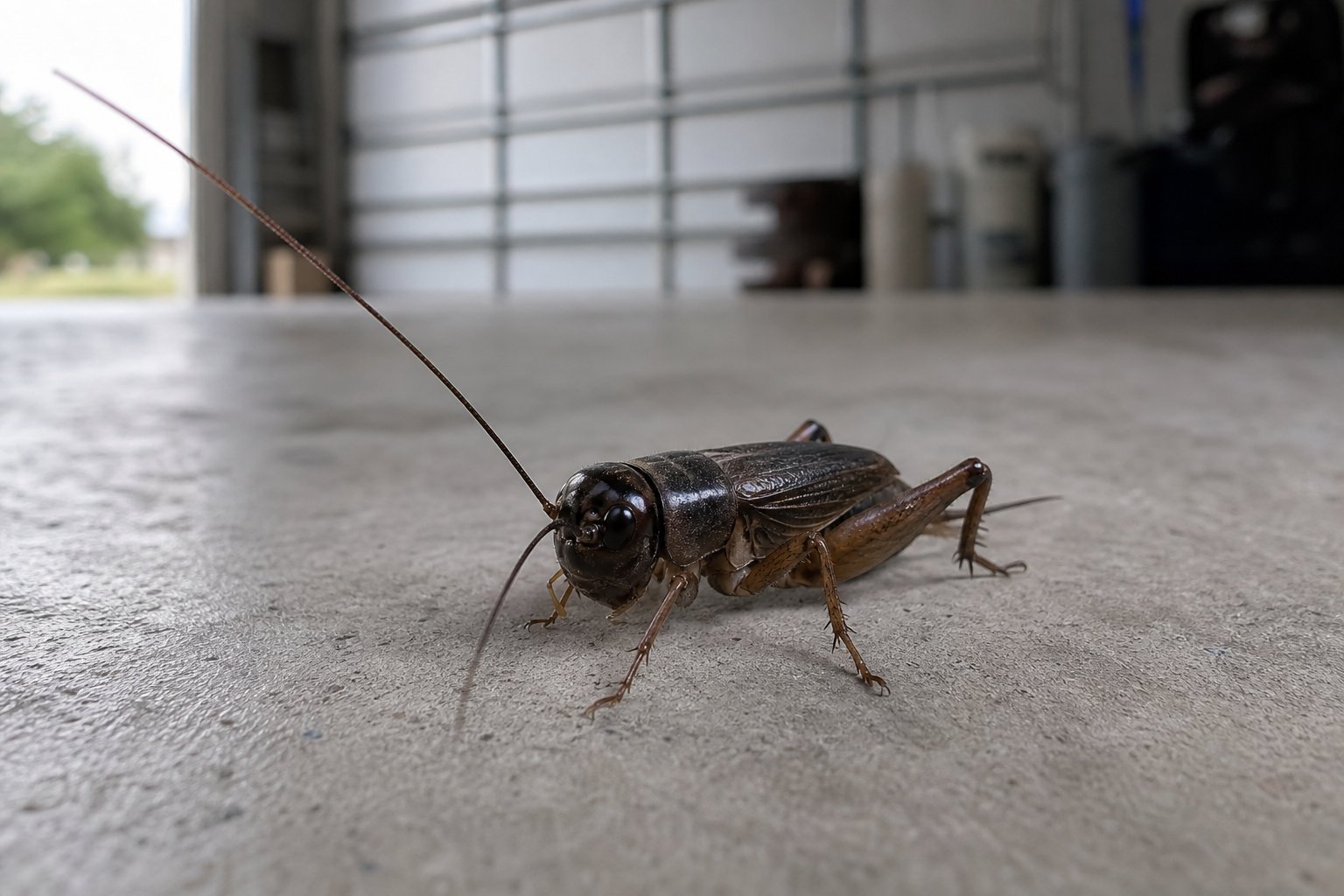 Dark brown field cricket on a smooth concrete garage floor, cool neutral light, suburban Texas garage