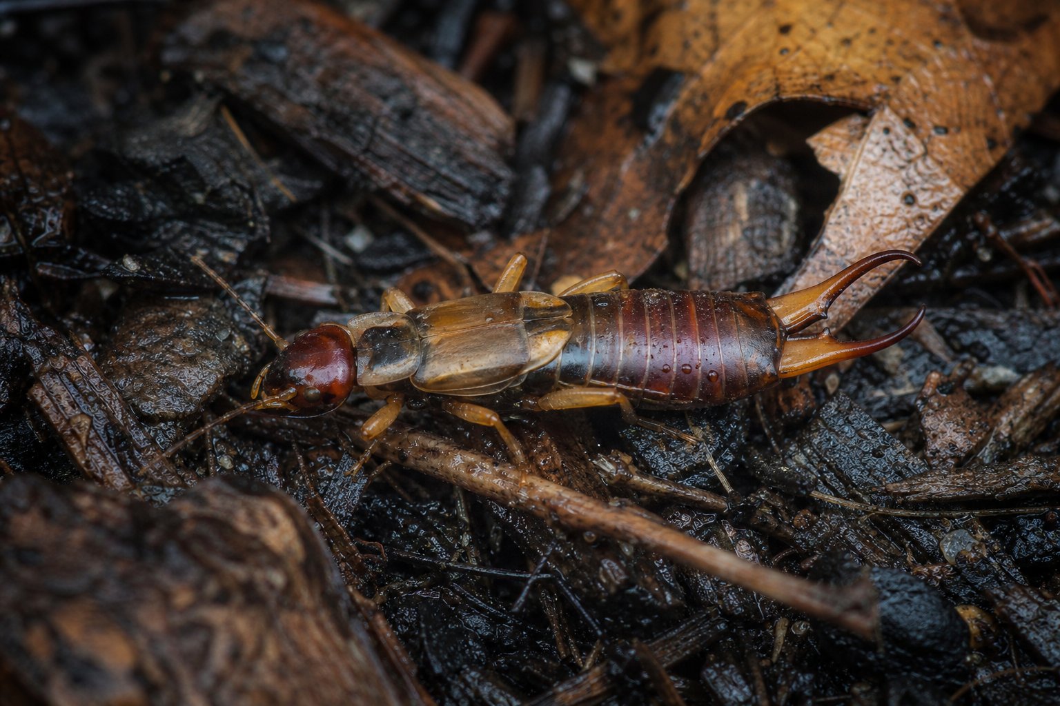 Single earwig with visible rear pincers on dark damp mulch, natural overcast light, North Texas landscape bed