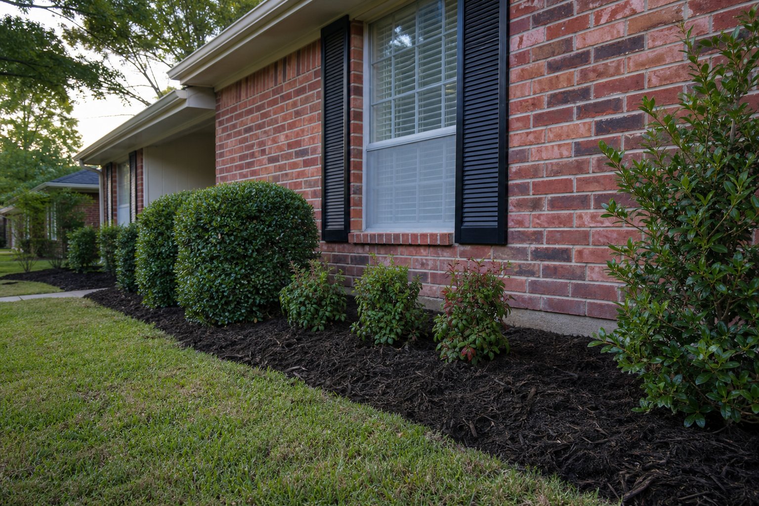 Foundation planting bed with fresh mulch and trimmed shrubs against a red brick ranch home wall, ground-level angle, soft early morning light