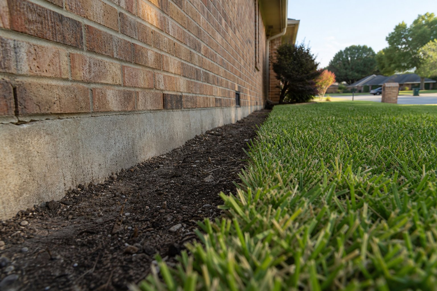 Crisp band of soil and grass in focus receding into the distance, warm afternoon light, North Texas suburb