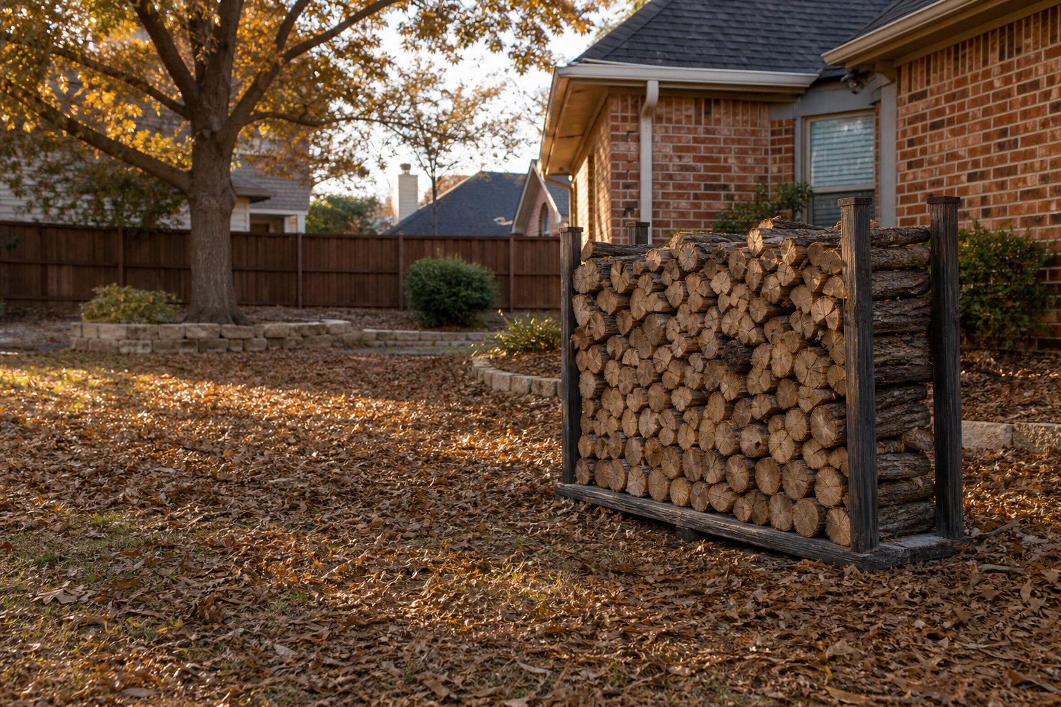 Neatly stacked firewood on a rack set away from a brick house, autumn backyard with bronze oak leaves, low golden afternoon light, North Texas suburb