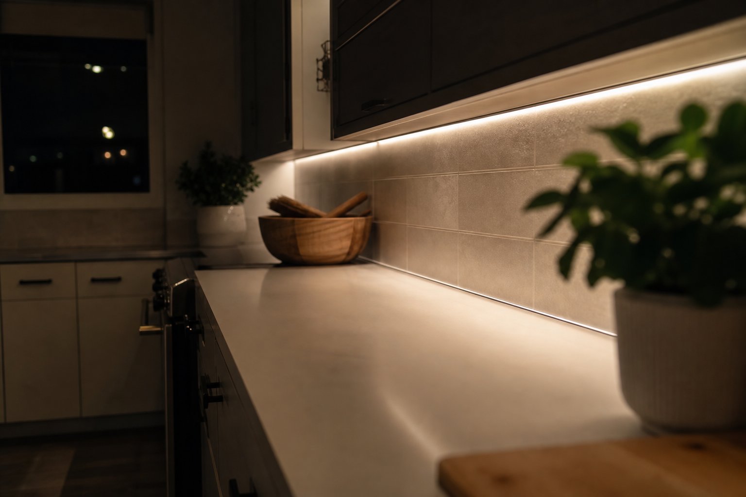 Clean modern kitchen interior at night lit only by under-cabinet lighting, focus on the gap where the countertop meets the cabinet, moody but tidy