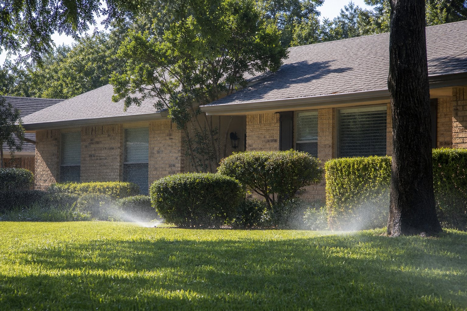 Brick ranch home exterior under harsh high summer sun, sprinkler mist over St. Augustine lawn, heat haze feeling, North Texas suburb
