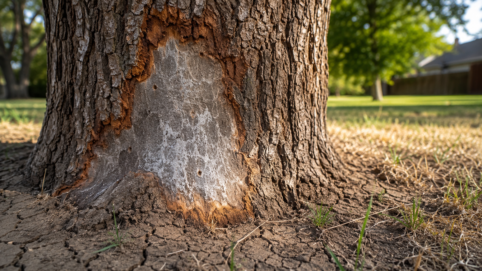 Hypoxylon canker on North Texas oak tree showing fungal mat and bark sloughing from trunk
