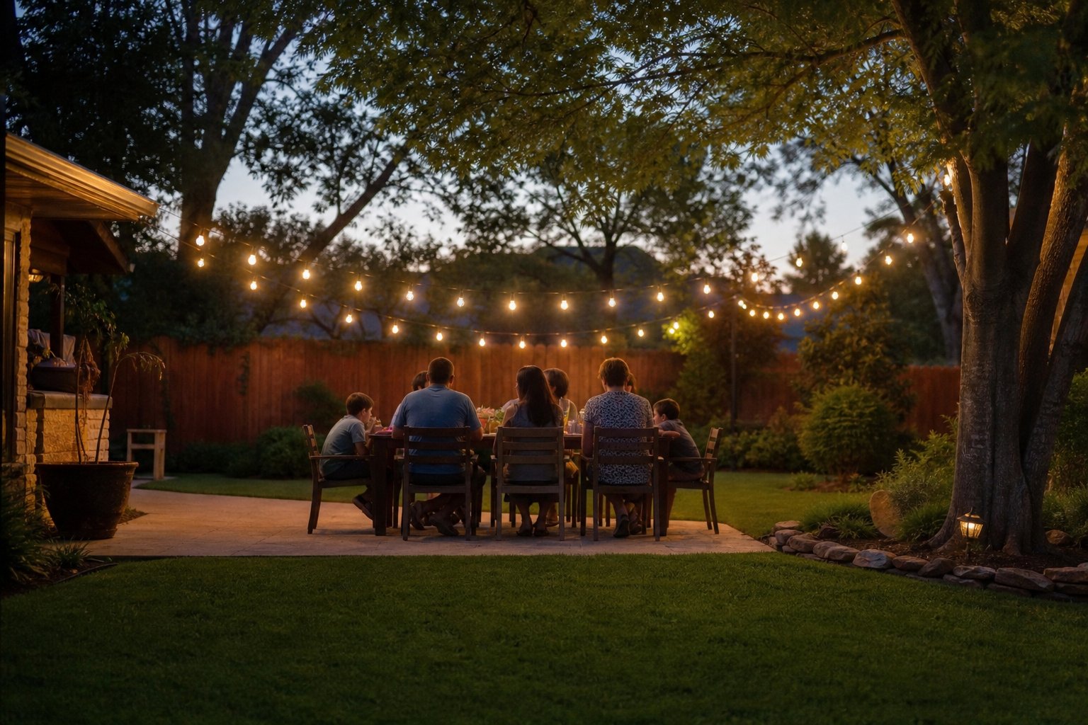Family gathered around a backyard patio table at dusk seen from behind at a distance, string lights glowing, healthy lawn and shade trees