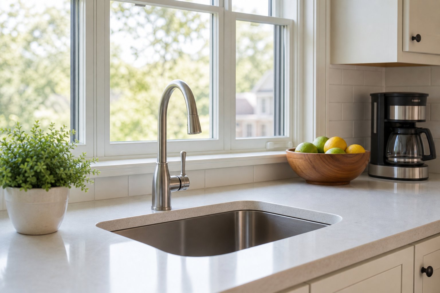 Spotless kitchen counter and sink area in bright morning window light, coffee maker and fruit bowl, calm and clean suburban home interior