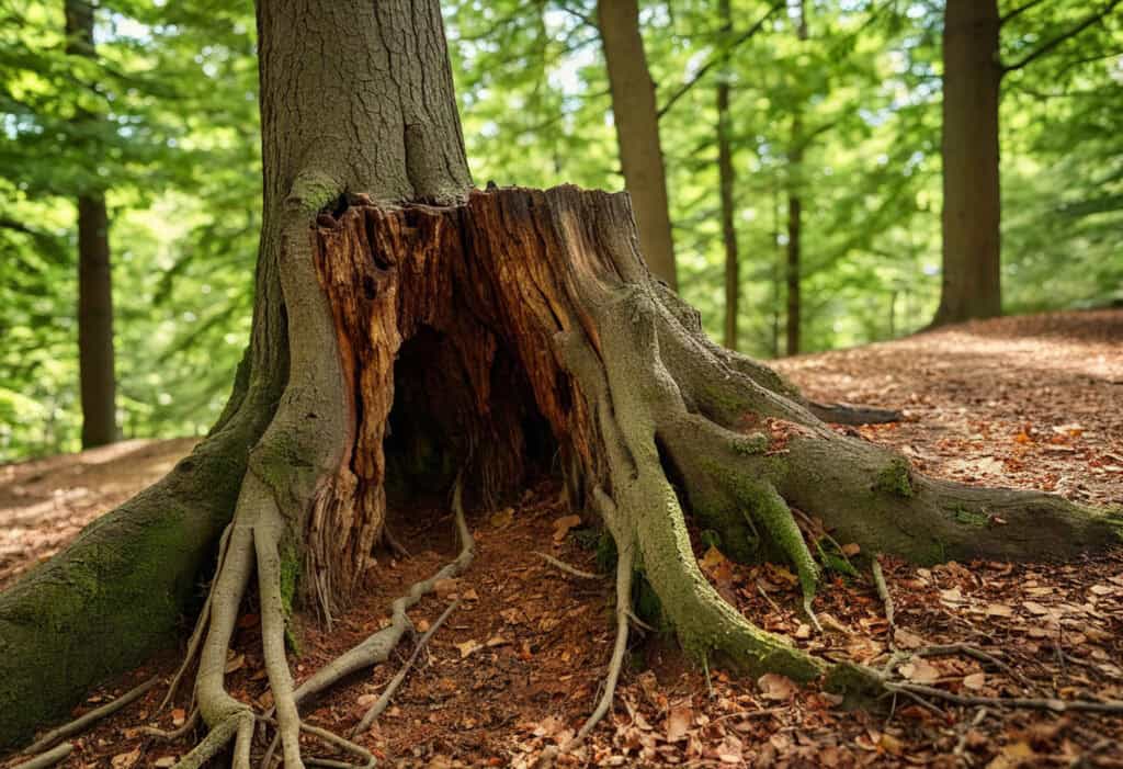 A hollow tree trunk with exposed roots stands in a forest, sunlight filtering through green foliage—a scene that can sometimes be an early sign for North Texas tree disease identification.