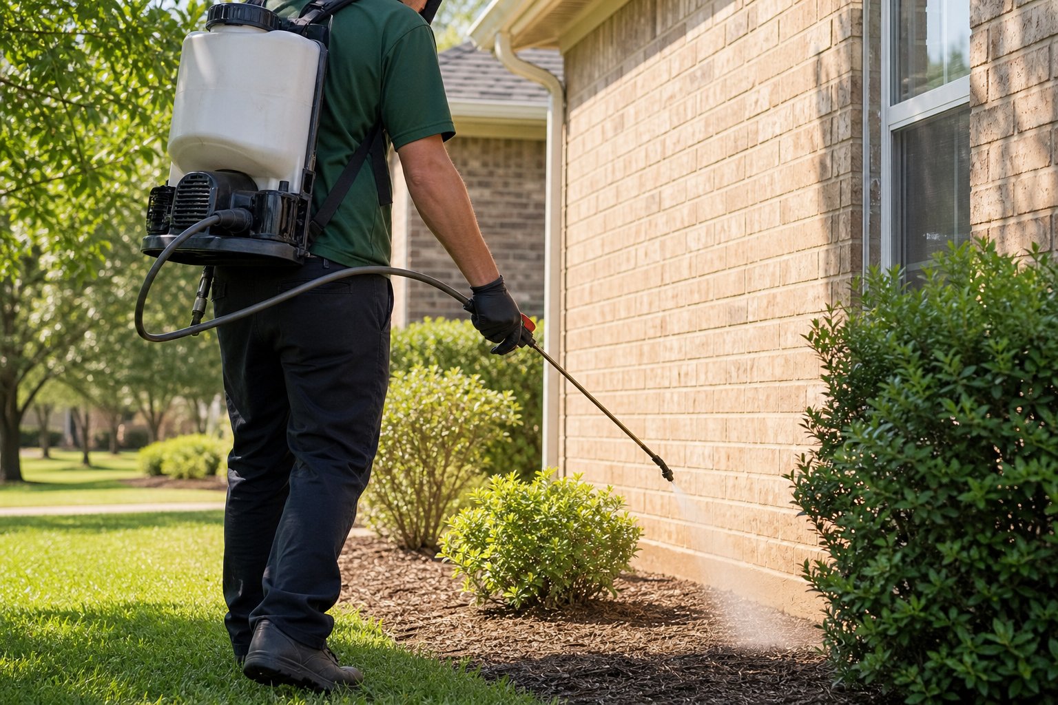 Professional pest control technician in plain green work shirt with backpack sprayer treating the exterior perimeter of a brick ranch home