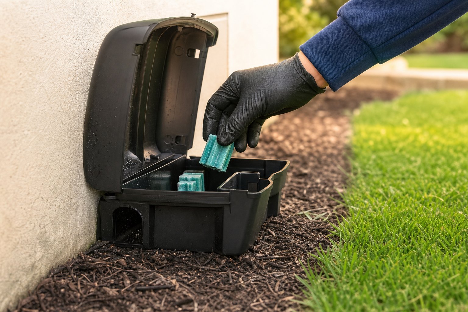Gloved hand refilling a discreet exterior bait station beside a green lawn, recurring professional care theme, soft afternoon light, no face