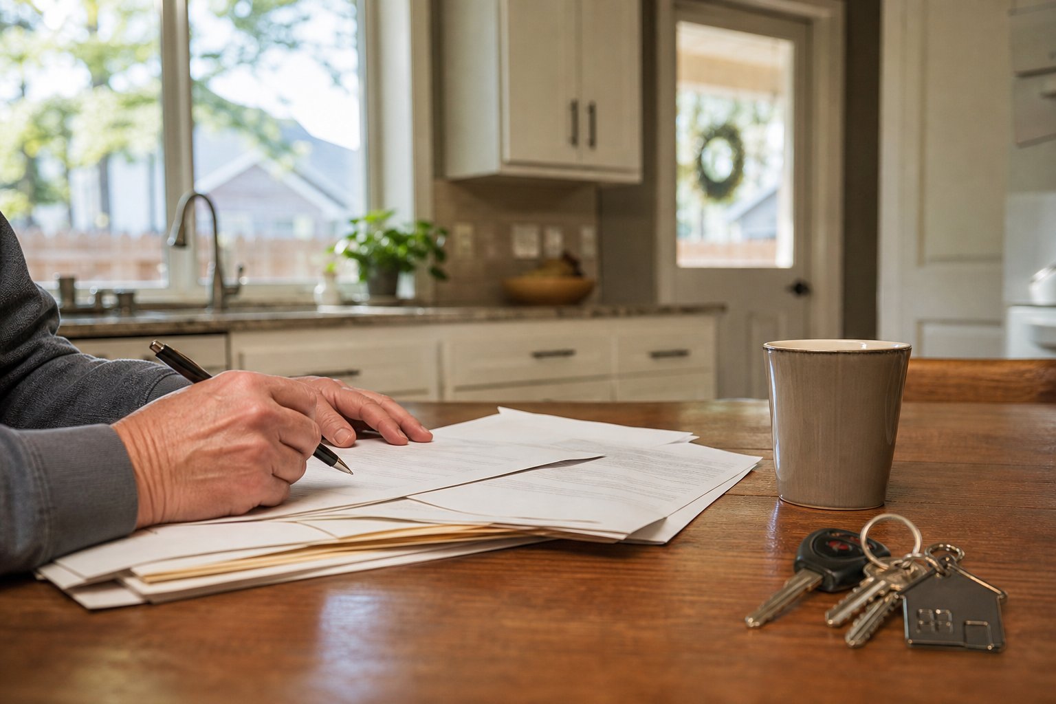 Homeowner hands holding a pen over paperwork at a kitchen table beside a coffee mug and house keys, warm morning window light, suburban Texas kitchen