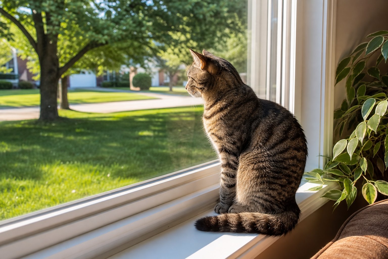 Tabby cat sitting on an interior window sill in warm sunlight looking out at a green suburban lawn, cozy clean home interior