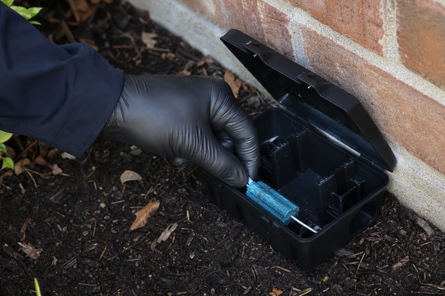 Gloved hand opening and servicing a small exterior bait station beside a brick foundation, precise professional detail, neutral daylight, no face