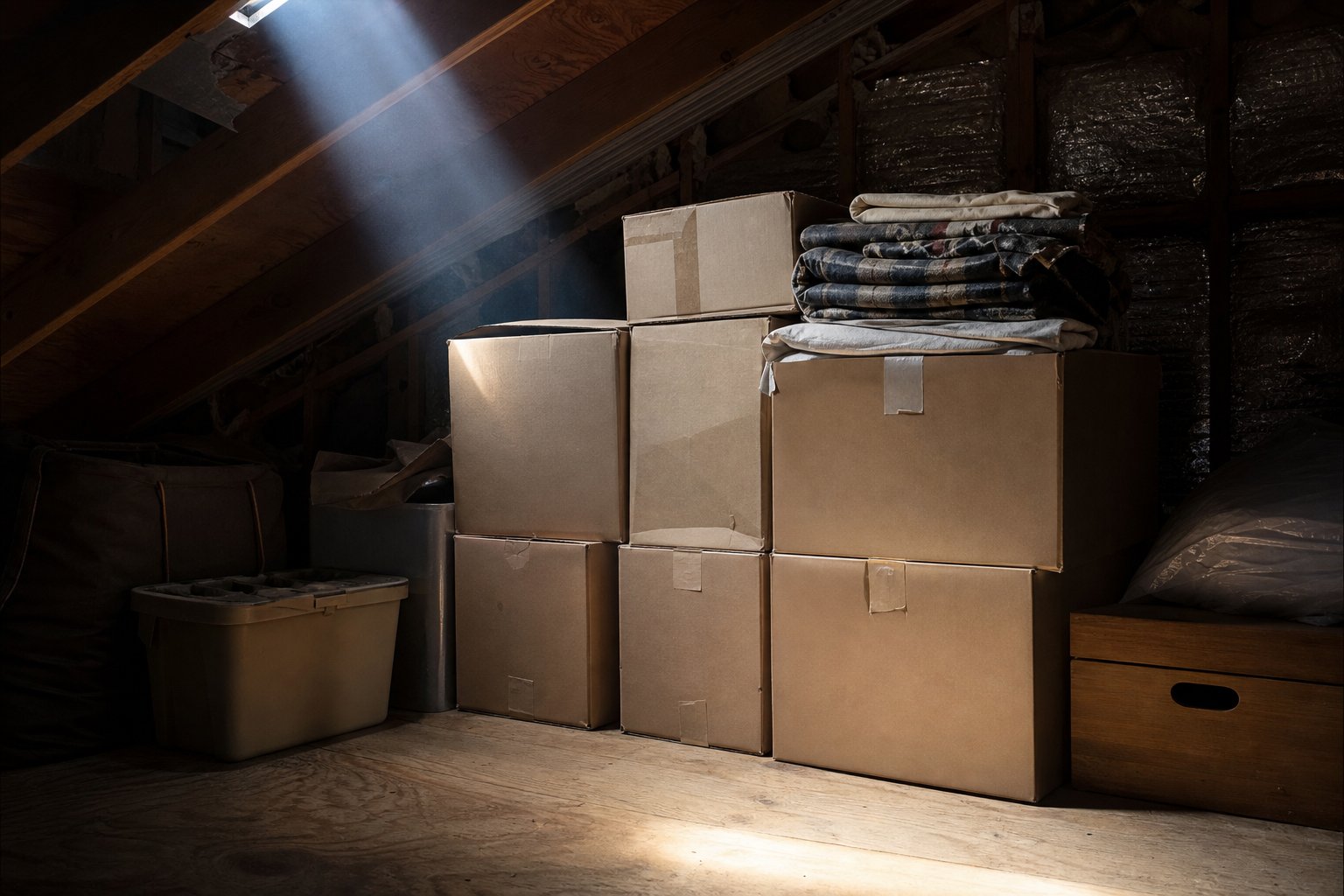 Stacked cardboard storage boxes and folded fabric in a dim attic space with wooden rafters, single shaft of natural light, suburban Texas home