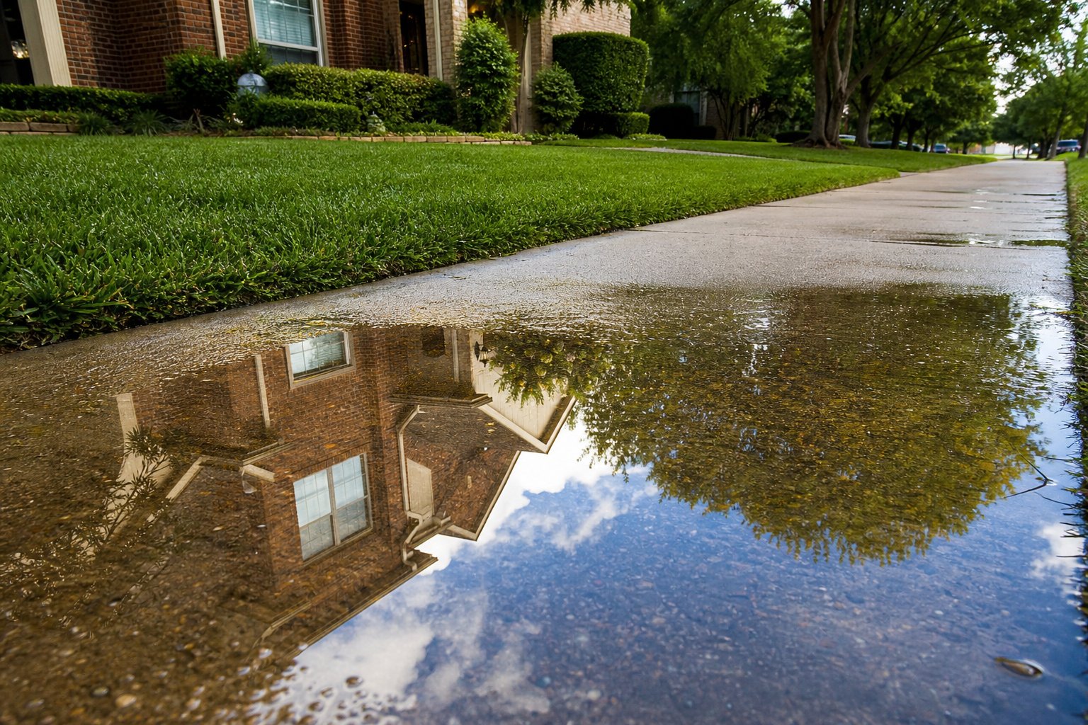 Rain puddle on a concrete walkway reflecting a brick home and bright sky after a spring storm, vivid green lawn beside it, North Texas suburb