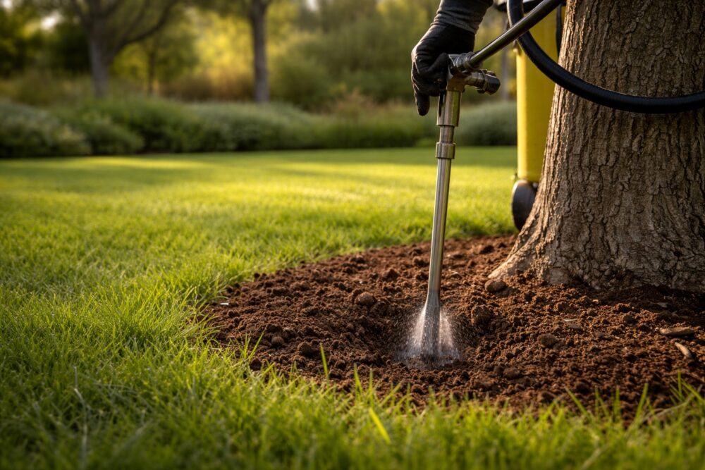A person wearing a glove uses a metal injector to treat the soil around the base of a tree in a landscaped yard—a common step in Spring Tree Fertilization for healthy growth in North Texas.