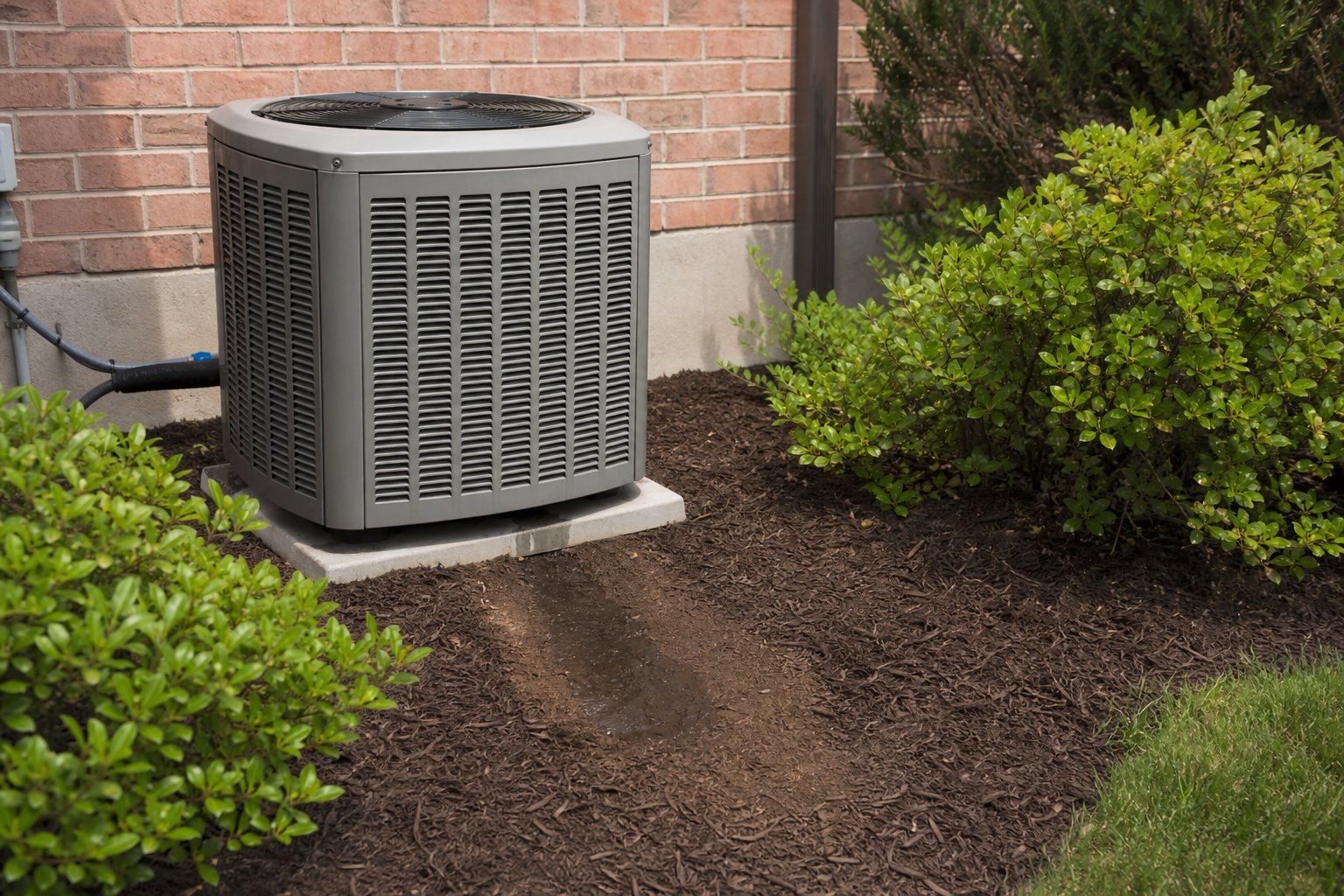 Exterior air conditioning unit beside a brick home foundation surrounded by mulch and shrubs, condensation drip line darkening the soil