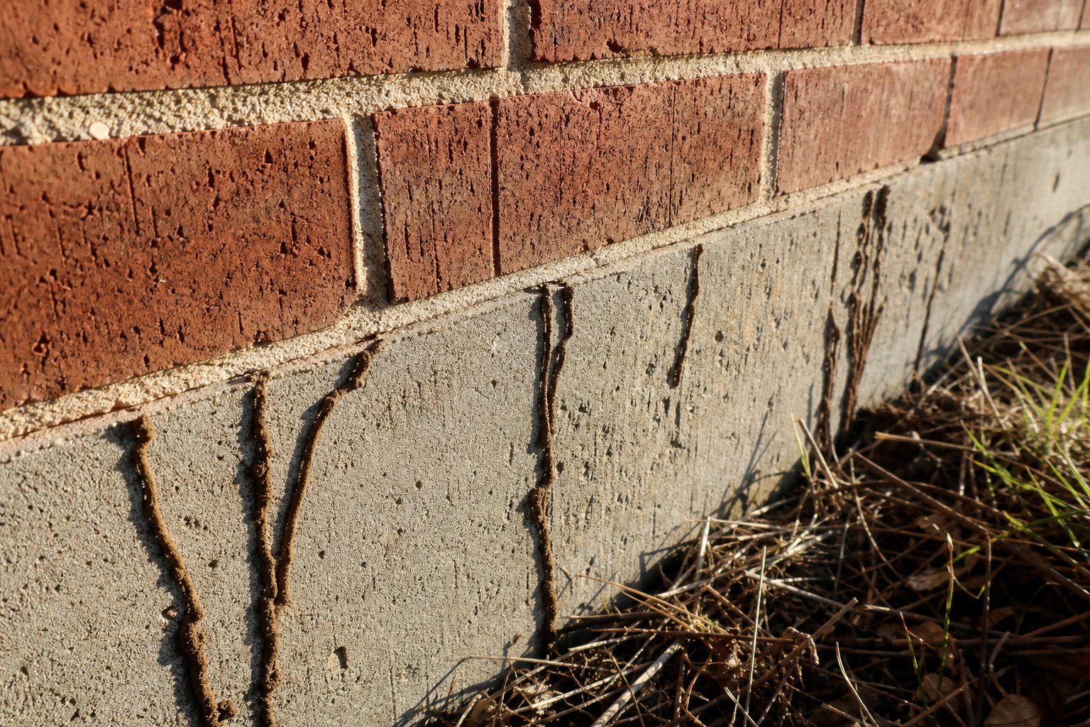 Pencil-width brown mud tubes running up a concrete slab foundation edge below red brick, harsh raking afternoon light showing texture, North Texas home exterior