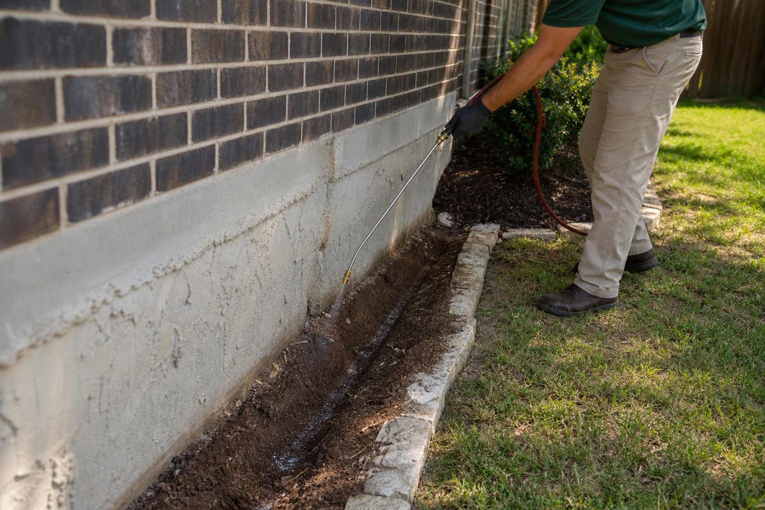 Pest control technician in plain green work shirt applying a soil treatment along a shallow trench beside a brick home foundation, application wand in hand