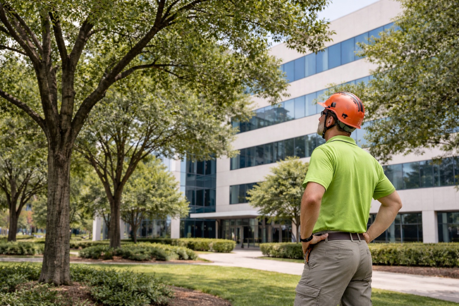 A person wearing a safety helmet and green shirt stands outdoors, surveying a modern office building surrounded by trees—highlighting the importance of professional Commercial Tree Care and Arborist Services in urban landscapes.