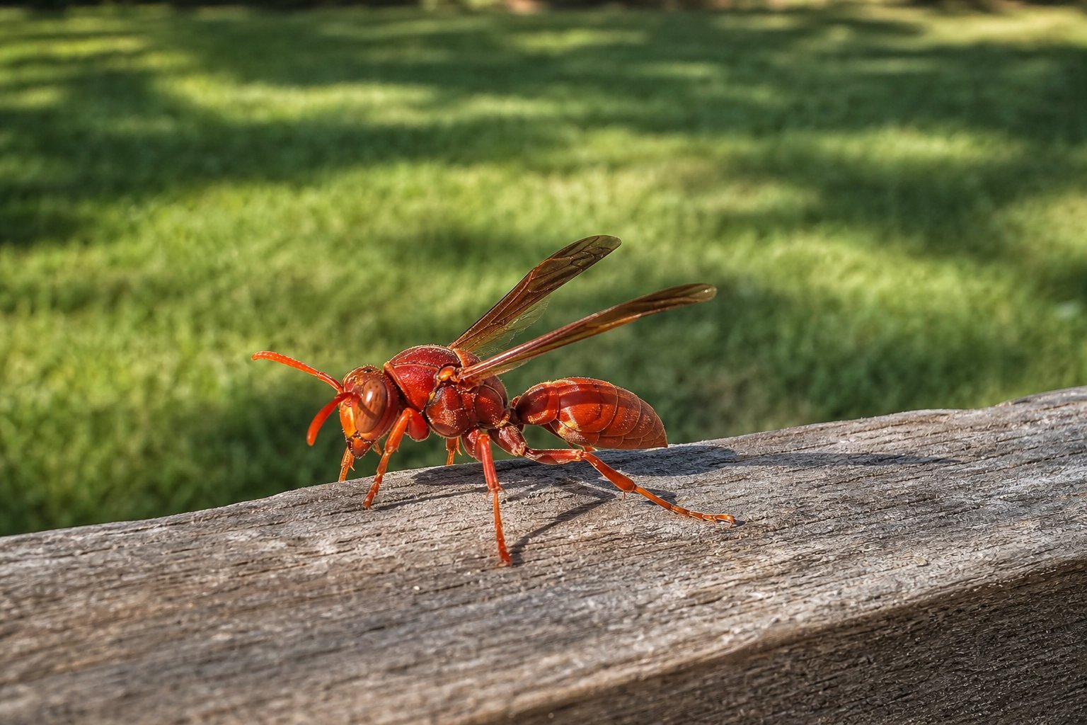 Single red paper wasp resting on a cedar fence rail, St. Augustine lawn softly blurred in background, bright summer morning light, North Texas backyard