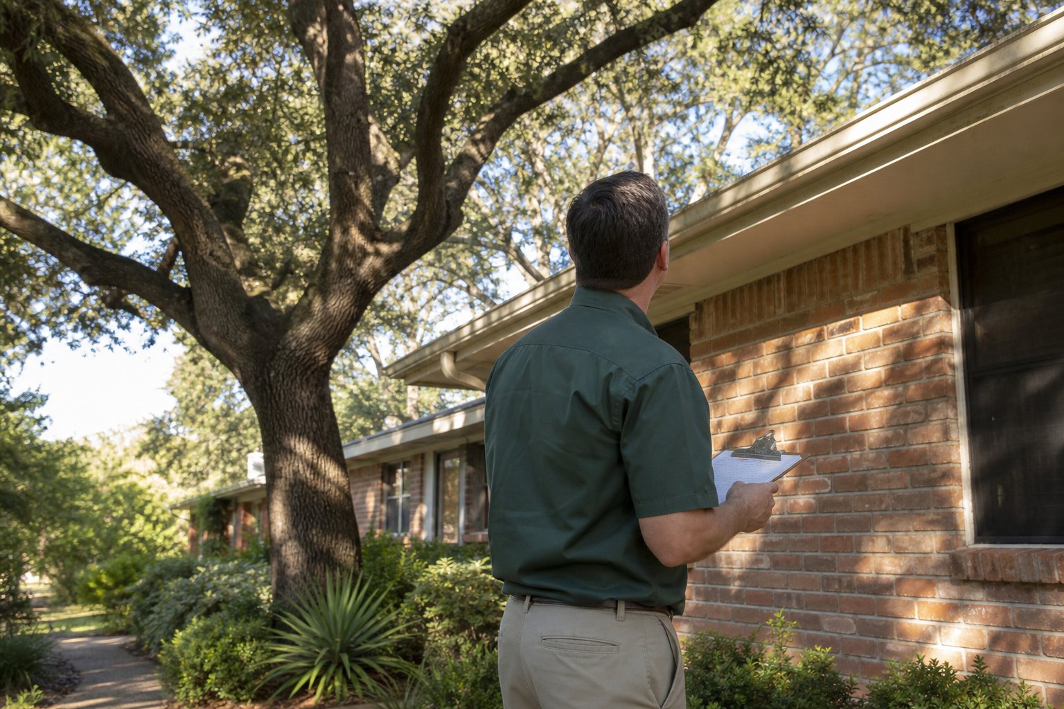 Pest control technician in plain green work shirt inspecting the roofline and eaves of a brick ranch home from the ground, clipboard in hand