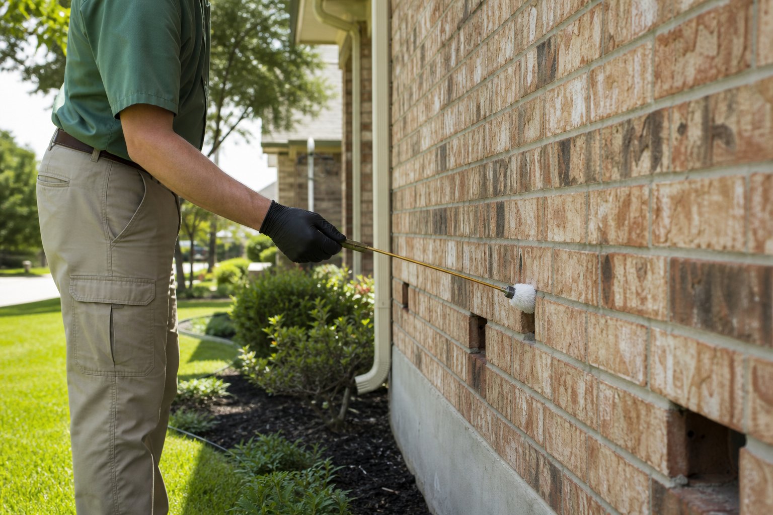 Pest control technician in plain green work shirt using a duster tool at the brick weep holes of a ranch home exterior, bright daylight, North Texas suburb